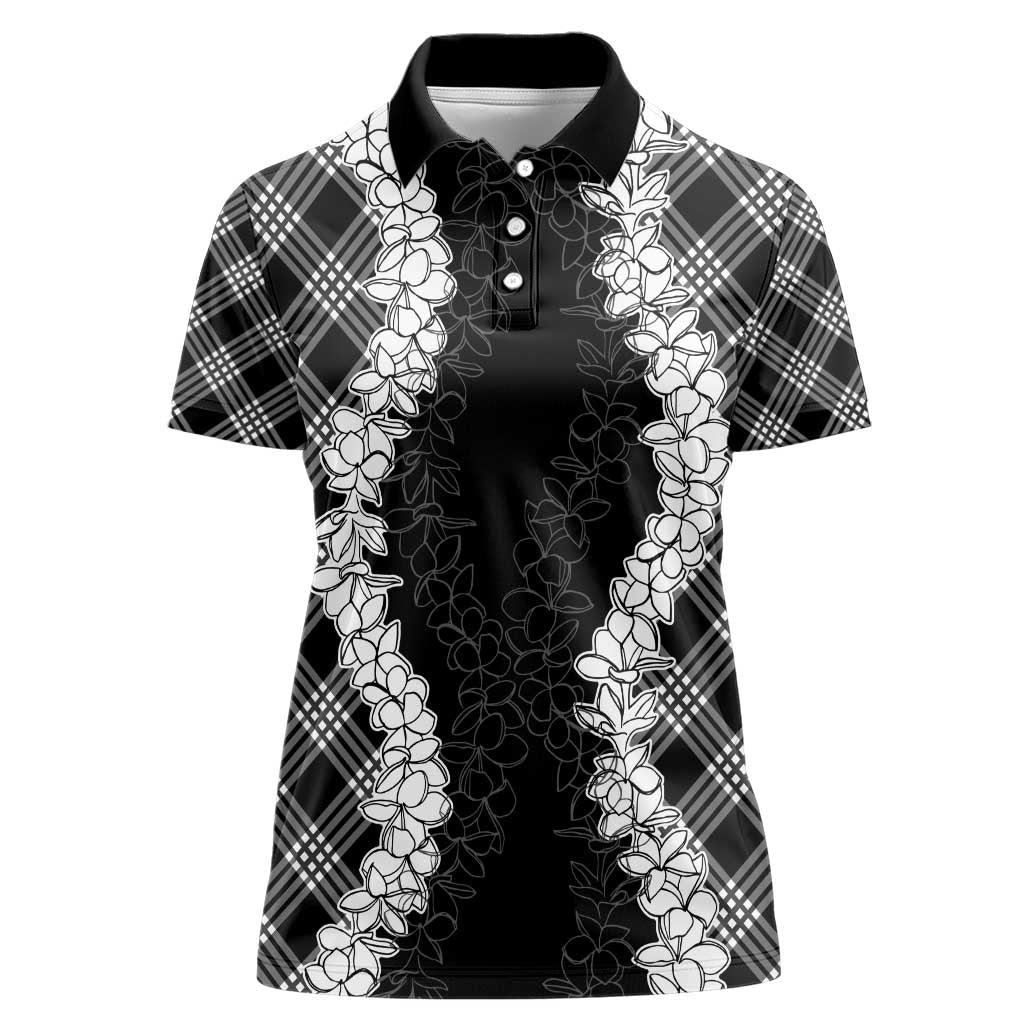 Hawaii Aloha Plumeria Lei Black Palaka Women Polo Shirt - Polynesian Pride