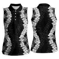 Hawaii Aloha Plumeria Lei Black Palaka Women Sleeveless Polo Shirt - Polynesian Pride