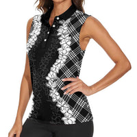 Hawaii Aloha Plumeria Lei Black Palaka Women Sleeveless Polo Shirt - Polynesian Pride