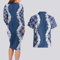 Hawaii Aloha Plumeria Lei Navy Palaka Couples Matching Long Sleeve Bodycon Dress and Hawaiian Shirt - Polynesian Pride