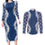 Hawaii Aloha Plumeria Lei Navy Palaka Couples Matching Long Sleeve Bodycon Dress and Long Sleeve Button Shirt - Polynesian Pride