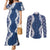 Hawaii Aloha Plumeria Lei Navy Palaka Couples Matching Mermaid Dress and Long Sleeve Button Shirt - Polynesian Pride