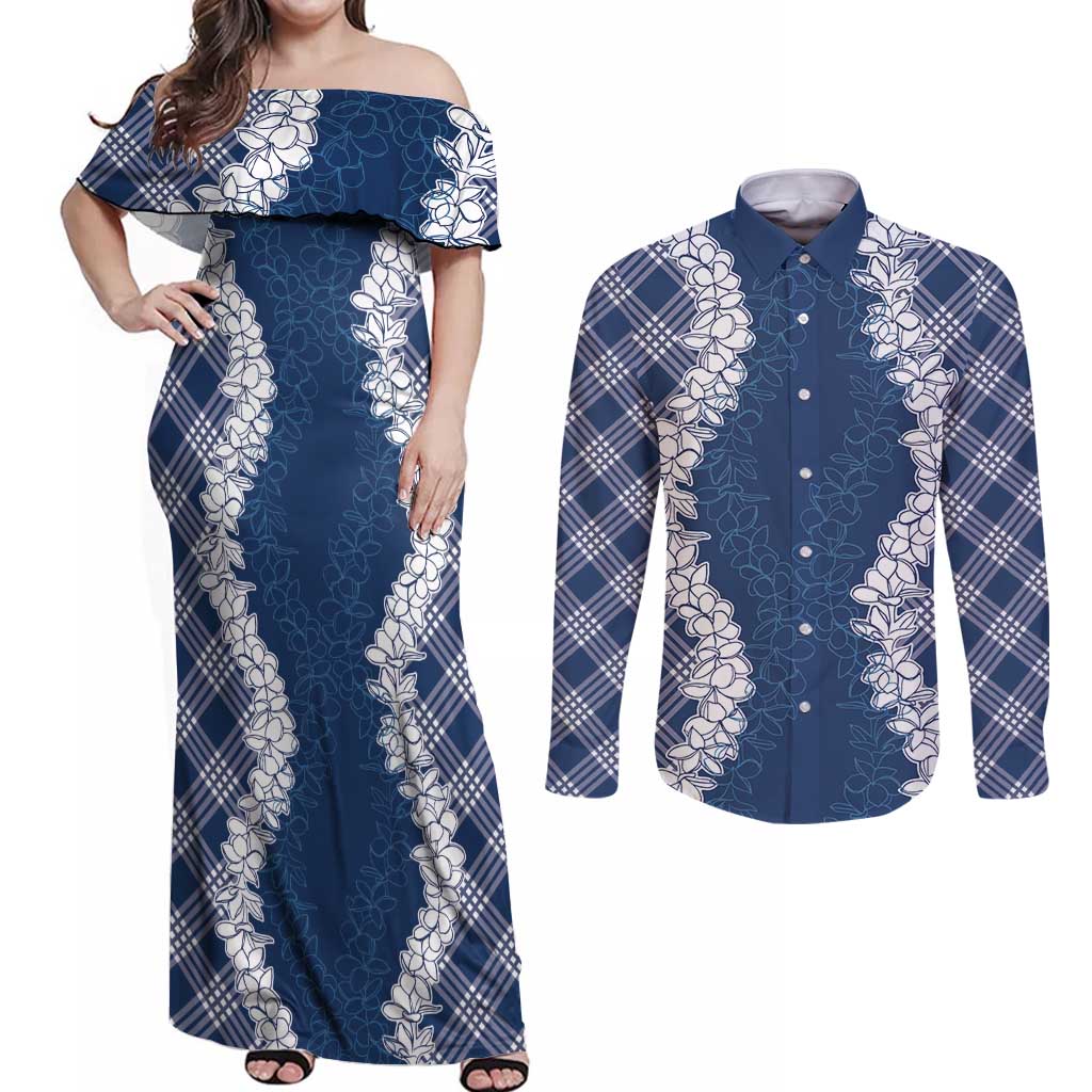 Hawaii Aloha Plumeria Lei Navy Palaka Couples Matching Off Shoulder Maxi Dress and Long Sleeve Button Shirt - Polynesian Pride