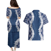 Hawaii Aloha Plumeria Lei Navy Palaka Couples Matching Puletasi and Hawaiian Shirt LT7 - Polynesian Pride