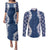 Hawaii Aloha Plumeria Lei Navy Palaka Couples Matching Puletasi and Long Sleeve Button Shirt - Polynesian Pride