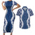 Hawaii Aloha Plumeria Lei Navy Palaka Couples Matching Short Sleeve Bodycon Dress and Hawaiian Shirt - Polynesian Pride
