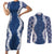 Hawaii Aloha Plumeria Lei Navy Palaka Couples Matching Short Sleeve Bodycon Dress and Long Sleeve Button Shirt - Polynesian Pride