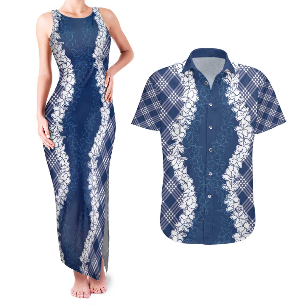 Hawaii Aloha Plumeria Lei Navy Palaka Couples Matching Tank Maxi Dress and Hawaiian Shirt - Polynesian Pride