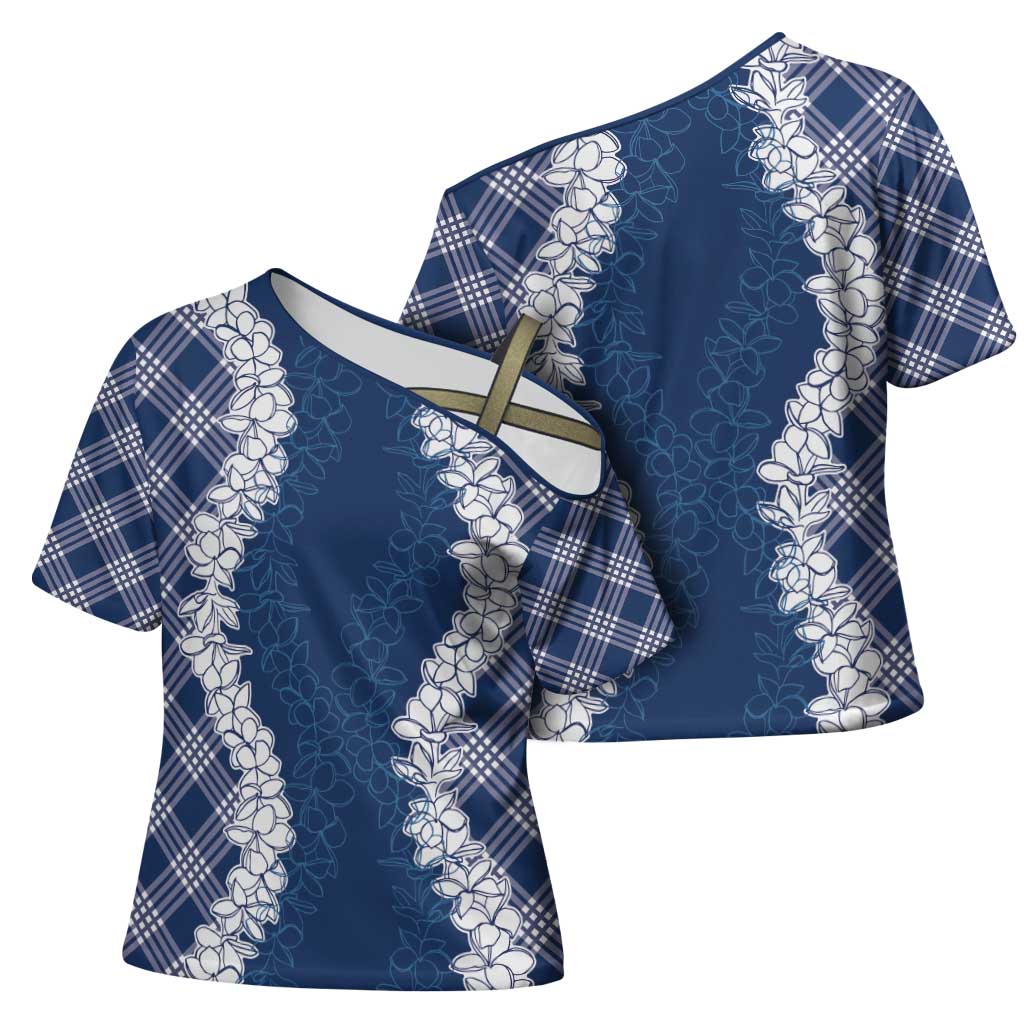 Hawaii Aloha Plumeria Lei Navy Palaka Cross Shoulder Shirt - Polynesian Pride