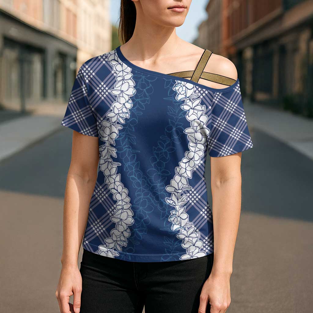 Hawaii Aloha Plumeria Lei Navy Palaka Cross Shoulder Shirt - Polynesian Pride