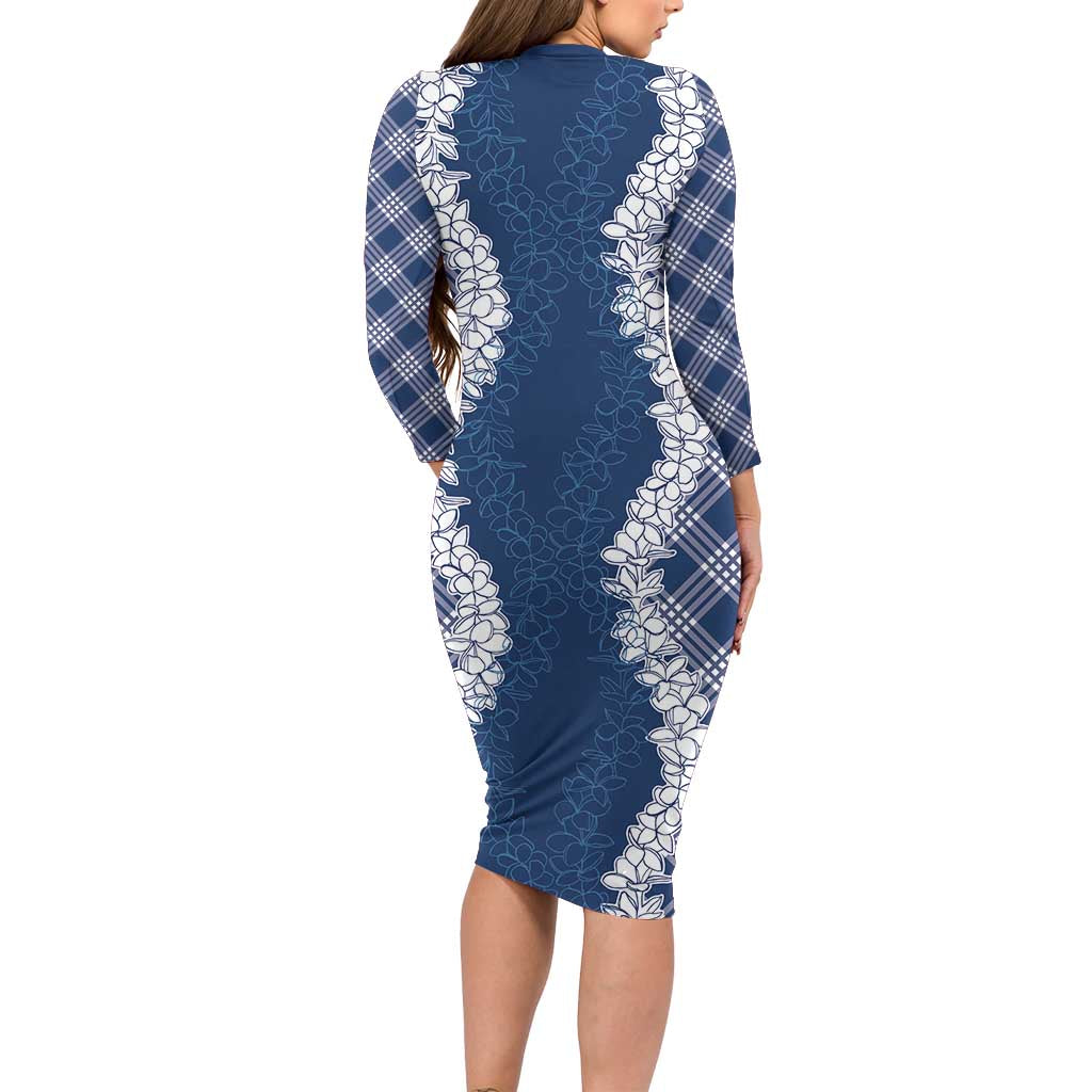Hawaii Aloha Plumeria Lei Navy Palaka Family Matching Long Sleeve Bodycon Dress and Hawaiian Shirt - Polynesian Pride