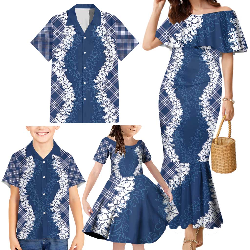 Hawaii Aloha Plumeria Lei Navy Palaka Family Matching Mermaid Dress and Hawaiian Shirt - Polynesian Pride