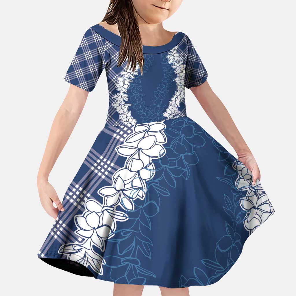Hawaii Aloha Plumeria Lei Navy Palaka Family Matching Puletasi and Hawaiian Shirt LT7 Daughter's Dress Navy Blue - Polynesian Pride