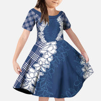 Hawaii Aloha Plumeria Lei Navy Palaka Family Matching Puletasi and Hawaiian Shirt LT7 Daughter's Dress Navy Blue - Polynesian Pride