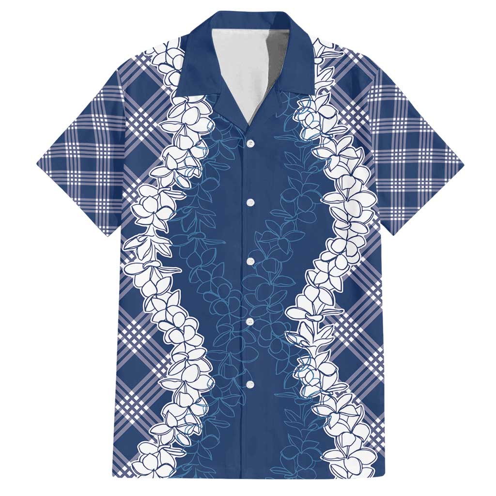 Hawaii Aloha Plumeria Lei Navy Palaka Family Matching Puletasi and Hawaiian Shirt LT7 Dad's Shirt - Short Sleeve Navy Blue - Polynesian Pride