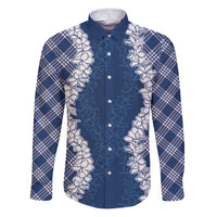 Hawaii Aloha Plumeria Lei Navy Palaka Family Matching Puletasi and Hawaiian Shirt LT7 Dad's Shirt - Long Sleeve Navy Blue - Polynesian Pride