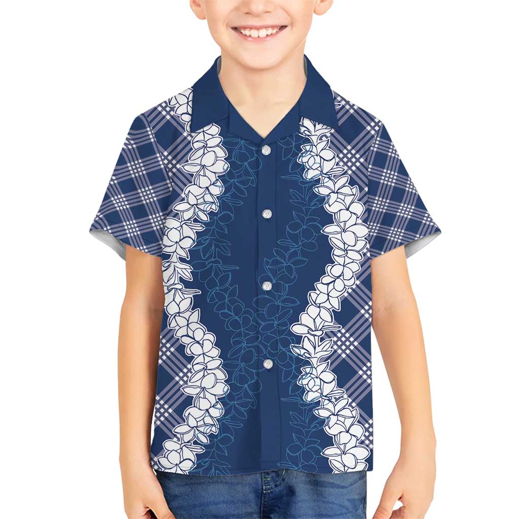 Hawaii Aloha Plumeria Lei Navy Palaka Family Matching Puletasi and Hawaiian Shirt LT7 Son's Shirt Navy Blue - Polynesian Pride