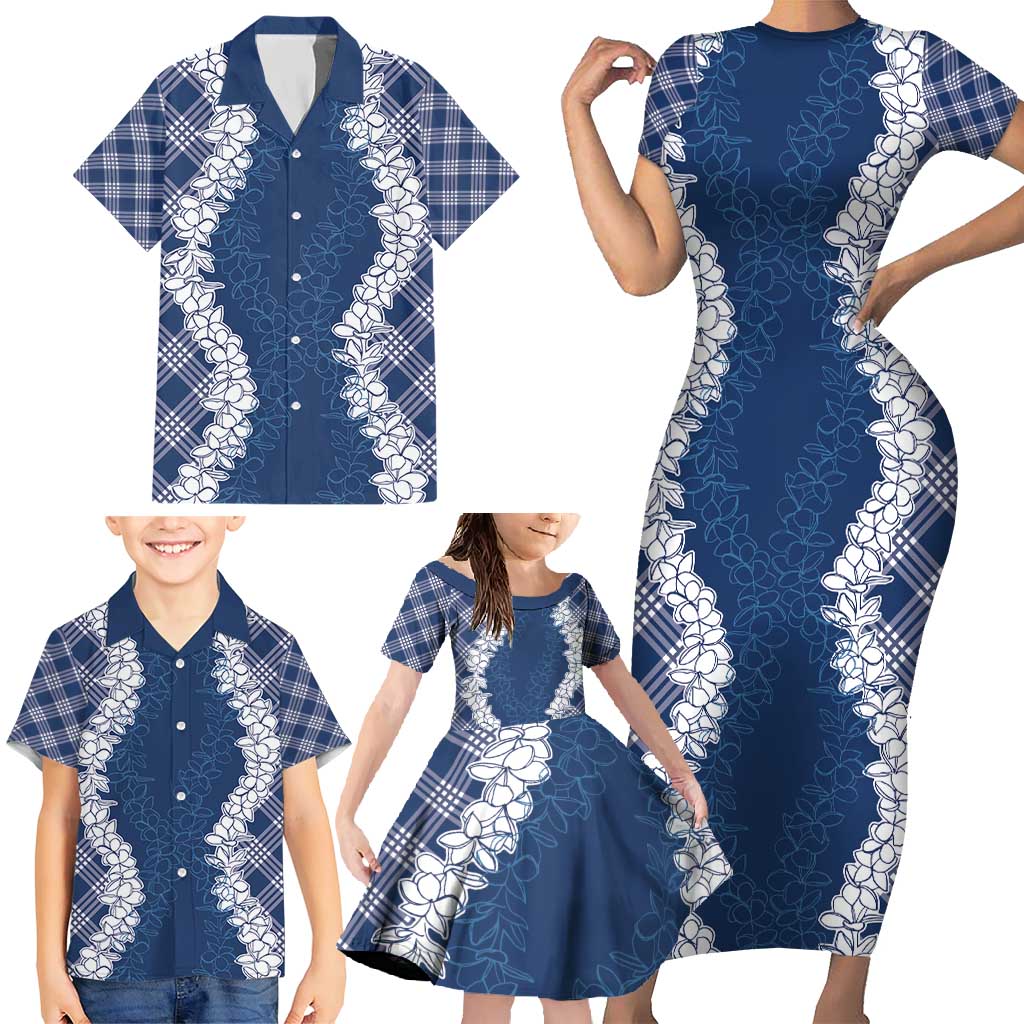 Hawaii Aloha Plumeria Lei Navy Palaka Family Matching Short Sleeve Bodycon Dress and Hawaiian Shirt - Polynesian Pride