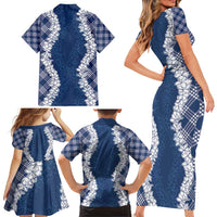 Hawaii Aloha Plumeria Lei Navy Palaka Family Matching Short Sleeve Bodycon Dress and Hawaiian Shirt - Polynesian Pride