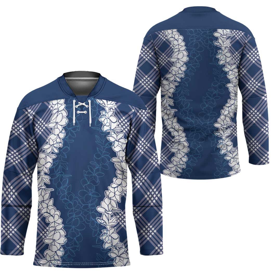 Hawaii Aloha Plumeria Lei Navy Palaka Hockey Jersey - Polynesian Pride
