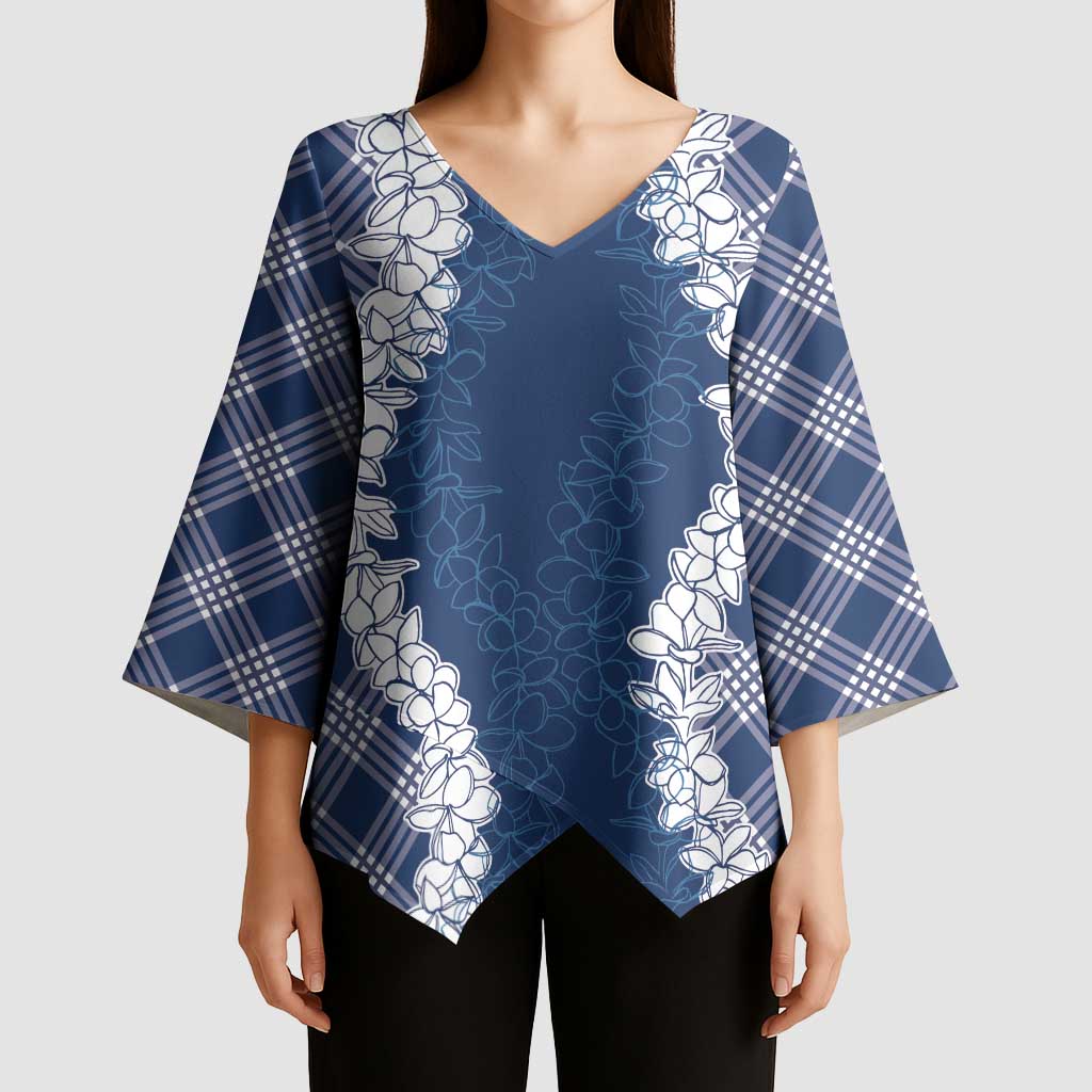 Hawaii Aloha Plumeria Lei Navy Palaka Kimono Sleeve Blouse - Polynesian Pride