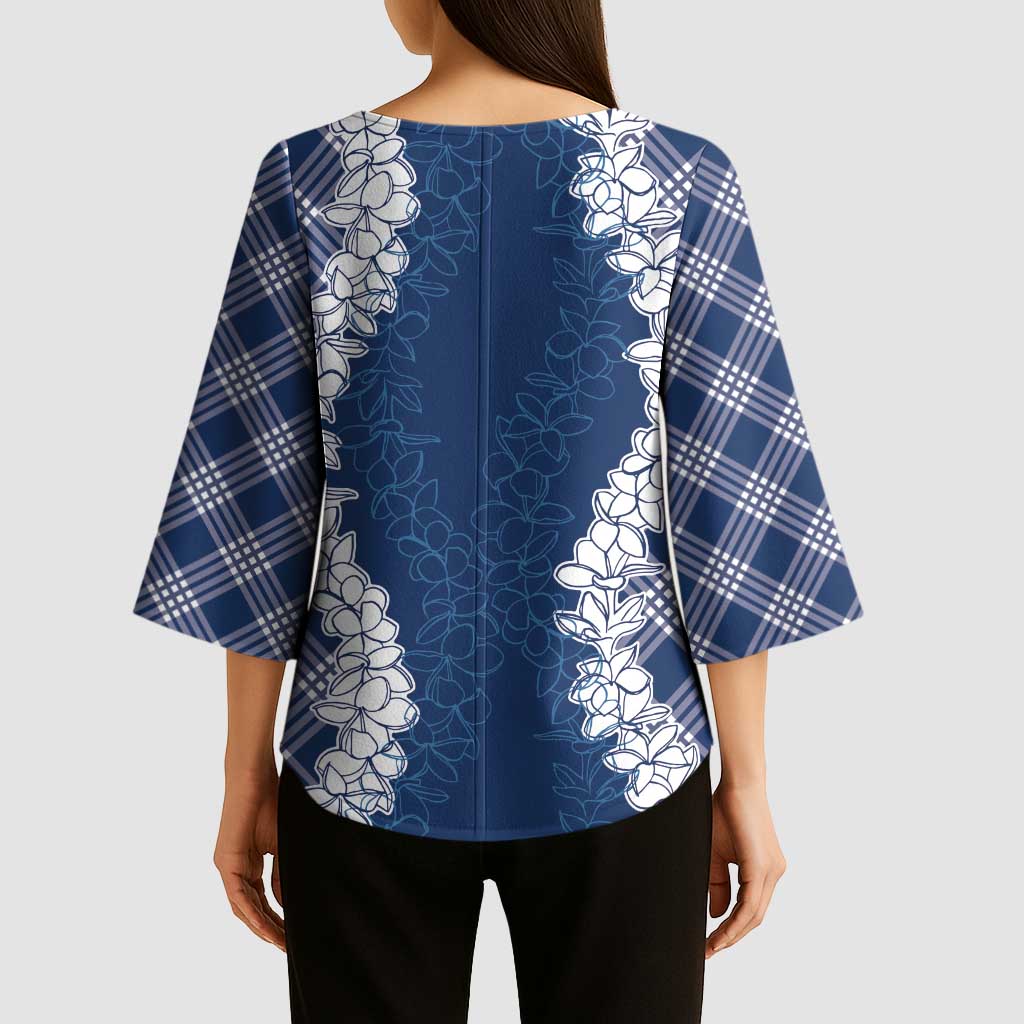 Hawaii Aloha Plumeria Lei Navy Palaka Kimono Sleeve Blouse - Polynesian Pride