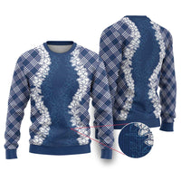 Hawaii Aloha Plumeria Lei Navy Palaka Ugly Christmas Sweater - Polynesian Pride