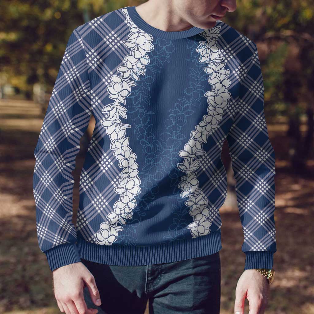 Hawaii Aloha Plumeria Lei Navy Palaka Ugly Christmas Sweater - Polynesian Pride