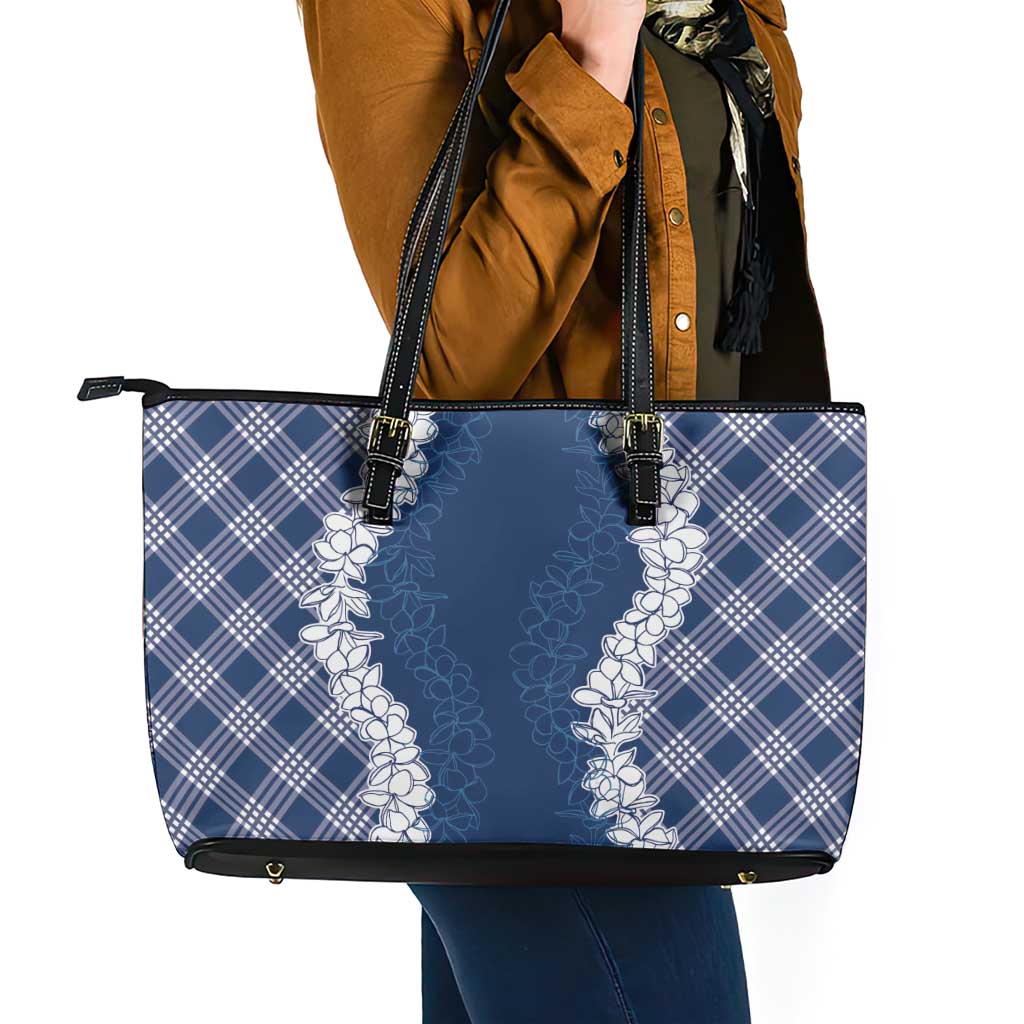 Hawaii Aloha Plumeria Lei Navy Palaka Leather Tote Bag - Polynesian Pride