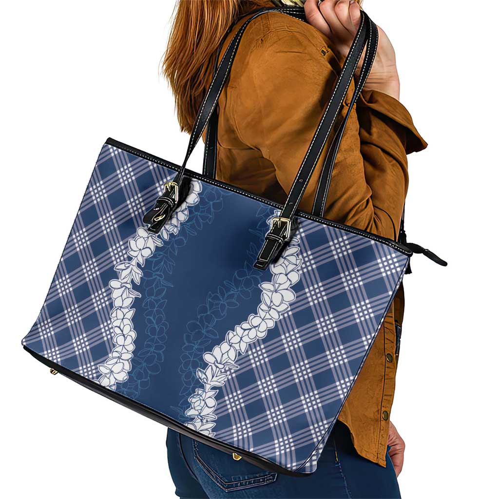 Hawaii Aloha Plumeria Lei Navy Palaka Leather Tote Bag - Polynesian Pride