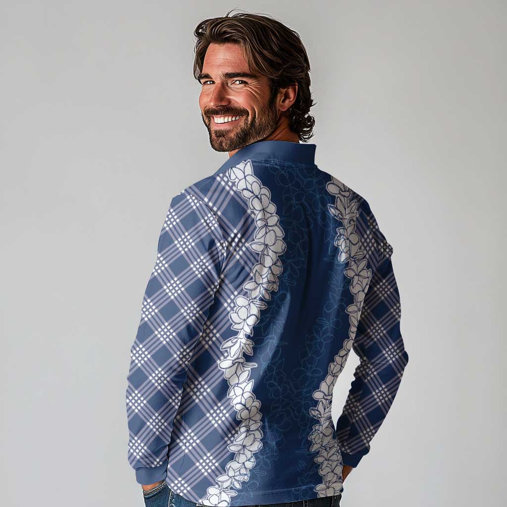 Hawaii Aloha Plumeria Lei Navy Palaka Long Sleeve Polo Shirt - Polynesian Pride