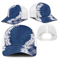 Hawaii Aloha Plumeria Lei Navy Palaka Mesh Trucker Cap - Polynesian Pride