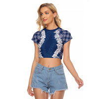 Hawaii Aloha Plumeria Lei Navy Palaka Raglan Cropped T Shirt - Polynesian Pride