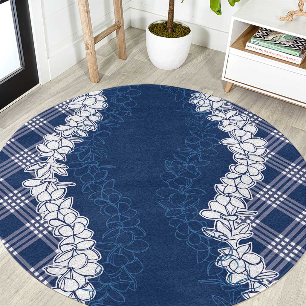 Hawaii Aloha Plumeria Lei Navy Palaka Round Carpet - Polynesian Pride