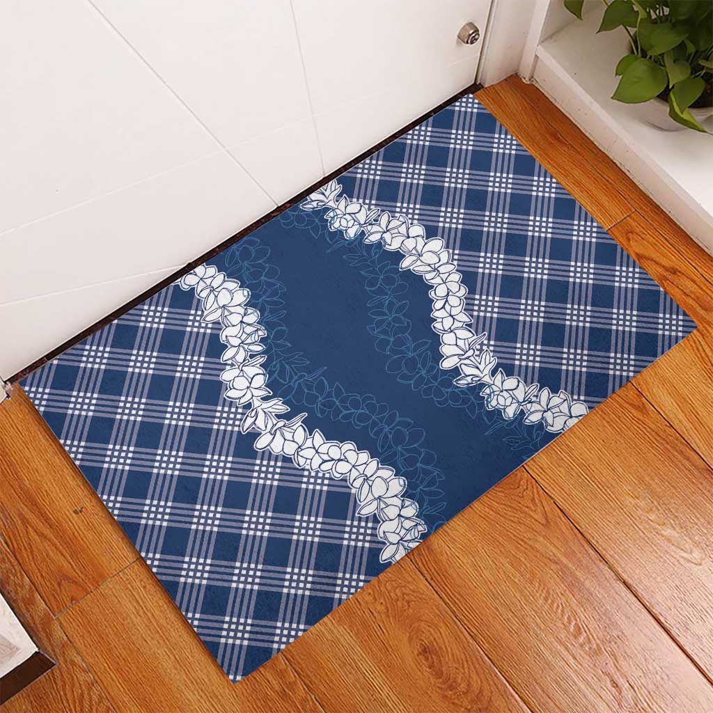 Hawaii Aloha Plumeria Lei Navy Palaka Rubber Doormat - Polynesian Pride