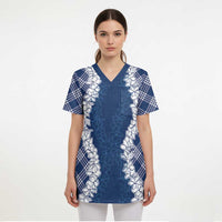 Hawaii Aloha Plumeria Lei Navy Palaka Scrub Top - Polynesian Pride