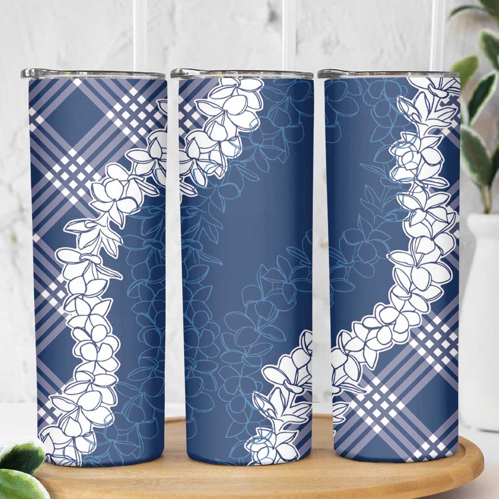Hawaii Aloha Plumeria Lei Navy Palaka Skinny Tumbler - Polynesian Pride