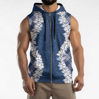 Hawaii Aloha Plumeria Lei Navy Palaka Sleeveless Zip Hoodie - Polynesian Pride