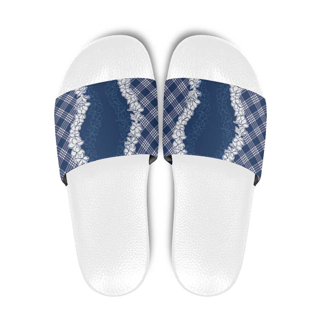 Hawaii Aloha Plumeria Lei Navy Palaka Slide Sandals - Polynesian Pride