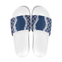 Hawaii Aloha Plumeria Lei Navy Palaka Slide Sandals - Polynesian Pride