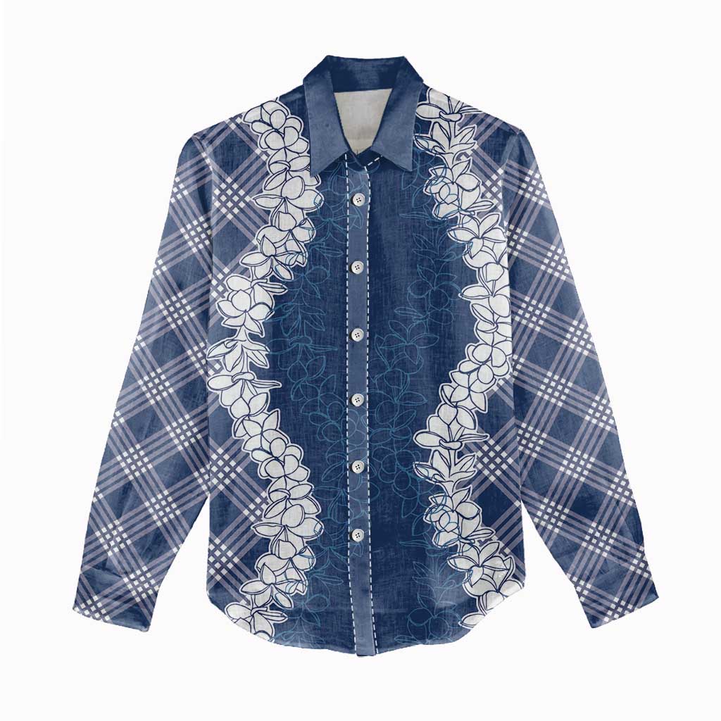 Hawaii Aloha Plumeria Lei Navy Palaka Women Casual Shirt - Polynesian Pride