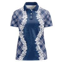 Hawaii Aloha Plumeria Lei Navy Palaka Women Polo Shirt - Polynesian Pride