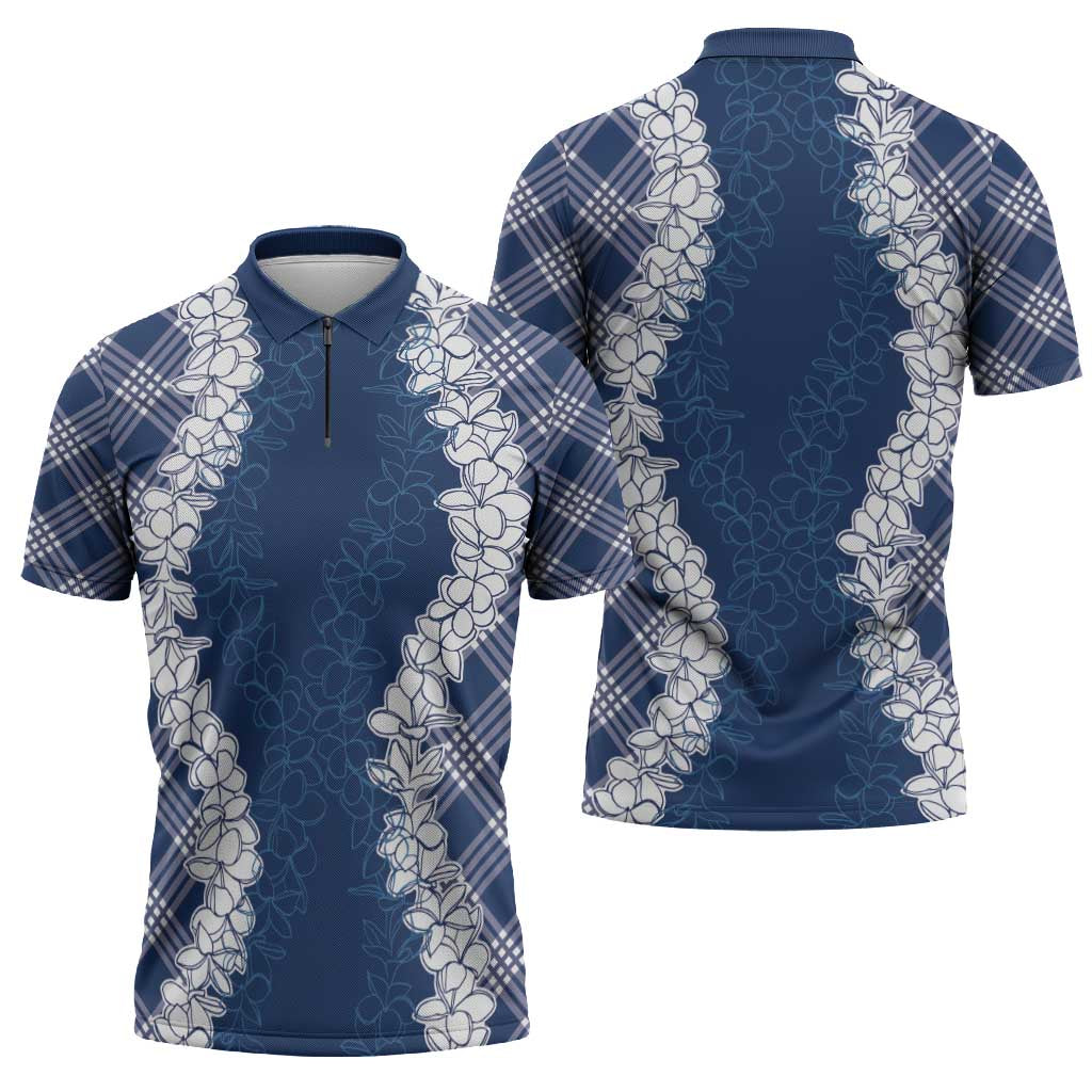 Hawaii Aloha Plumeria Lei Navy Palaka Zipper Polo Shirt - Polynesian Pride