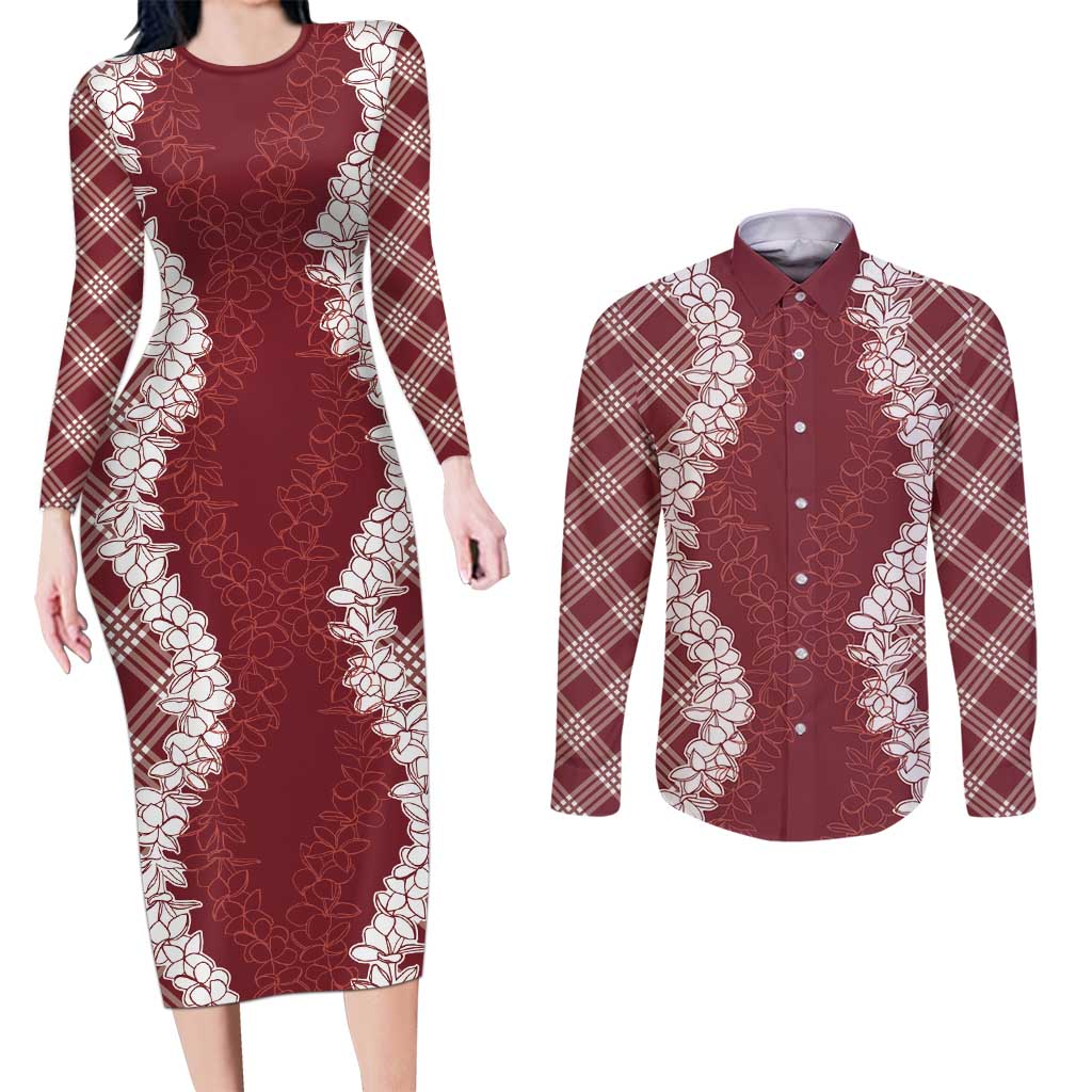 Hawaii Aloha Plumeria Lei Scarlet Palaka Couples Matching Long Sleeve Bodycon Dress and Long Sleeve Button Shirt - Polynesian Pride