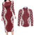 Hawaii Aloha Plumeria Lei Scarlet Palaka Couples Matching Long Sleeve Bodycon Dress and Long Sleeve Button Shirt - Polynesian Pride