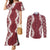 Hawaii Aloha Plumeria Lei Scarlet Palaka Couples Matching Mermaid Dress and Long Sleeve Button Shirt - Polynesian Pride
