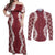 Hawaii Aloha Plumeria Lei Scarlet Palaka Couples Matching Off Shoulder Maxi Dress and Long Sleeve Button Shirt - Polynesian Pride