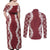 Hawaii Aloha Plumeria Lei Scarlet Palaka Couples Matching Off Shoulder Maxi Dress and Long Sleeve Button Shirt - Polynesian Pride