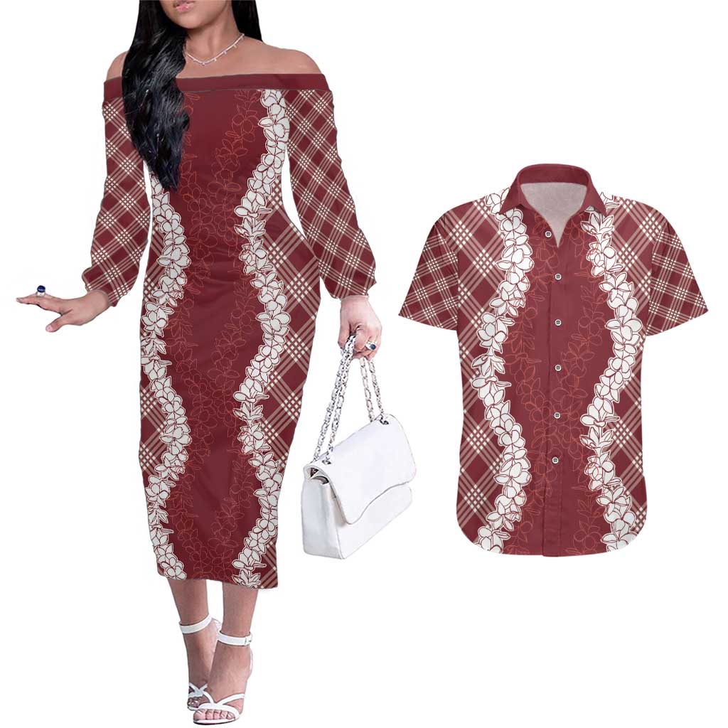 Hawaii Aloha Plumeria Lei Scarlet Palaka Couples Matching Off The Shoulder Long Sleeve Dress and Hawaiian Shirt - Polynesian Pride