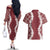 Hawaii Aloha Plumeria Lei Scarlet Palaka Couples Matching Off The Shoulder Long Sleeve Dress and Hawaiian Shirt - Polynesian Pride